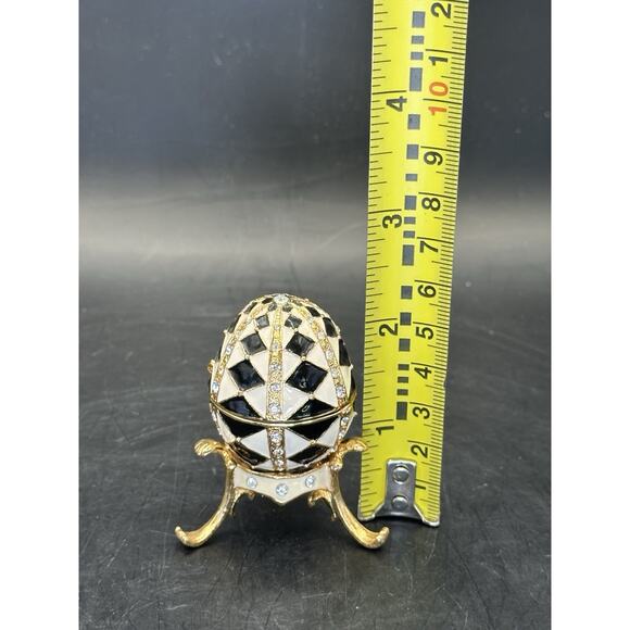 Harlequin Enameled Trinket Box Egg Shaped Black White Crystals w/ Stand - Picture 7 of 10